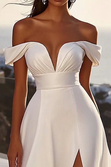 Ivory Satin Sweep Train Off the Shoulder A Line Wedding Dress with Slit